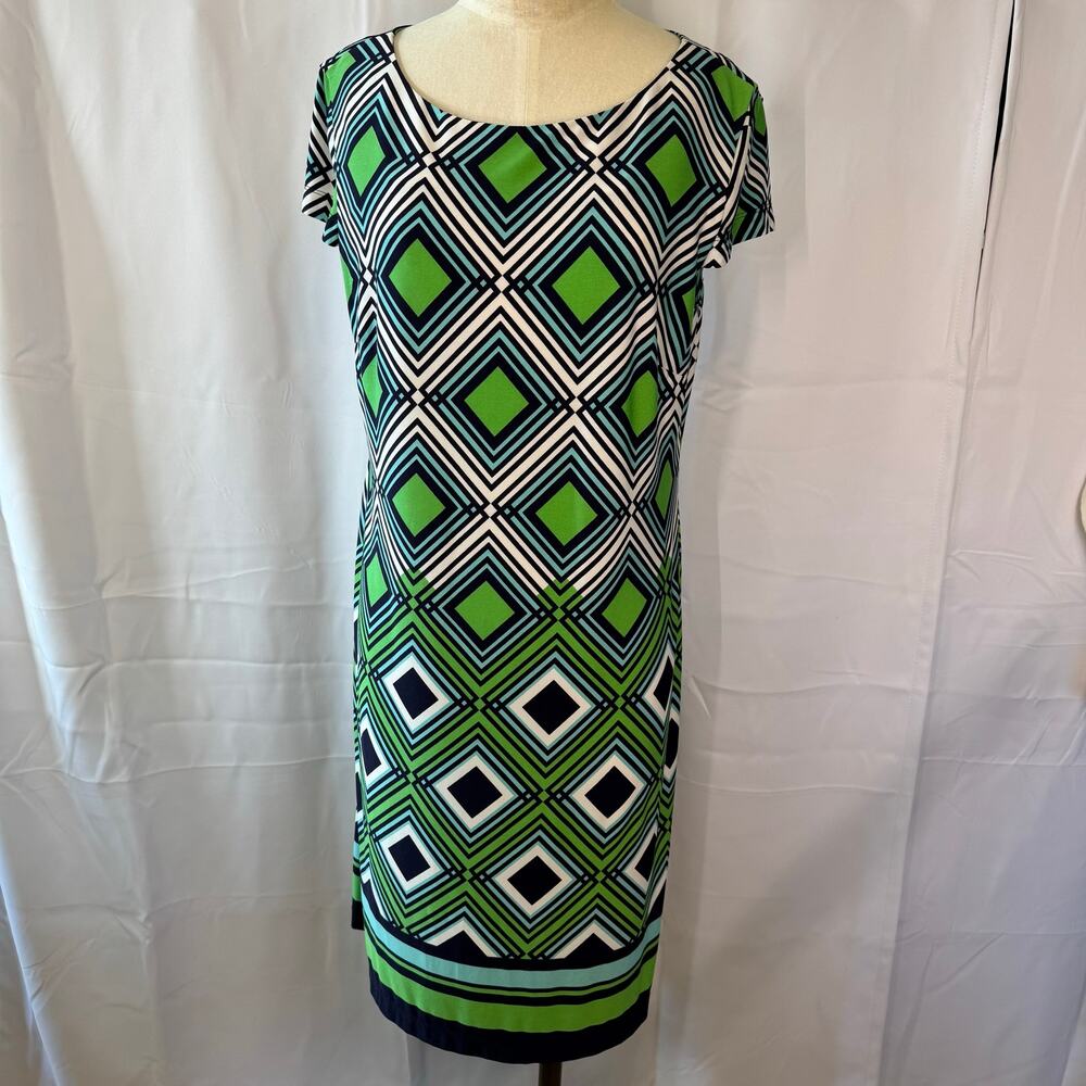 Jessica Howard Midi Dress Women’s Soze Large Geometric Print Green/Blue/White